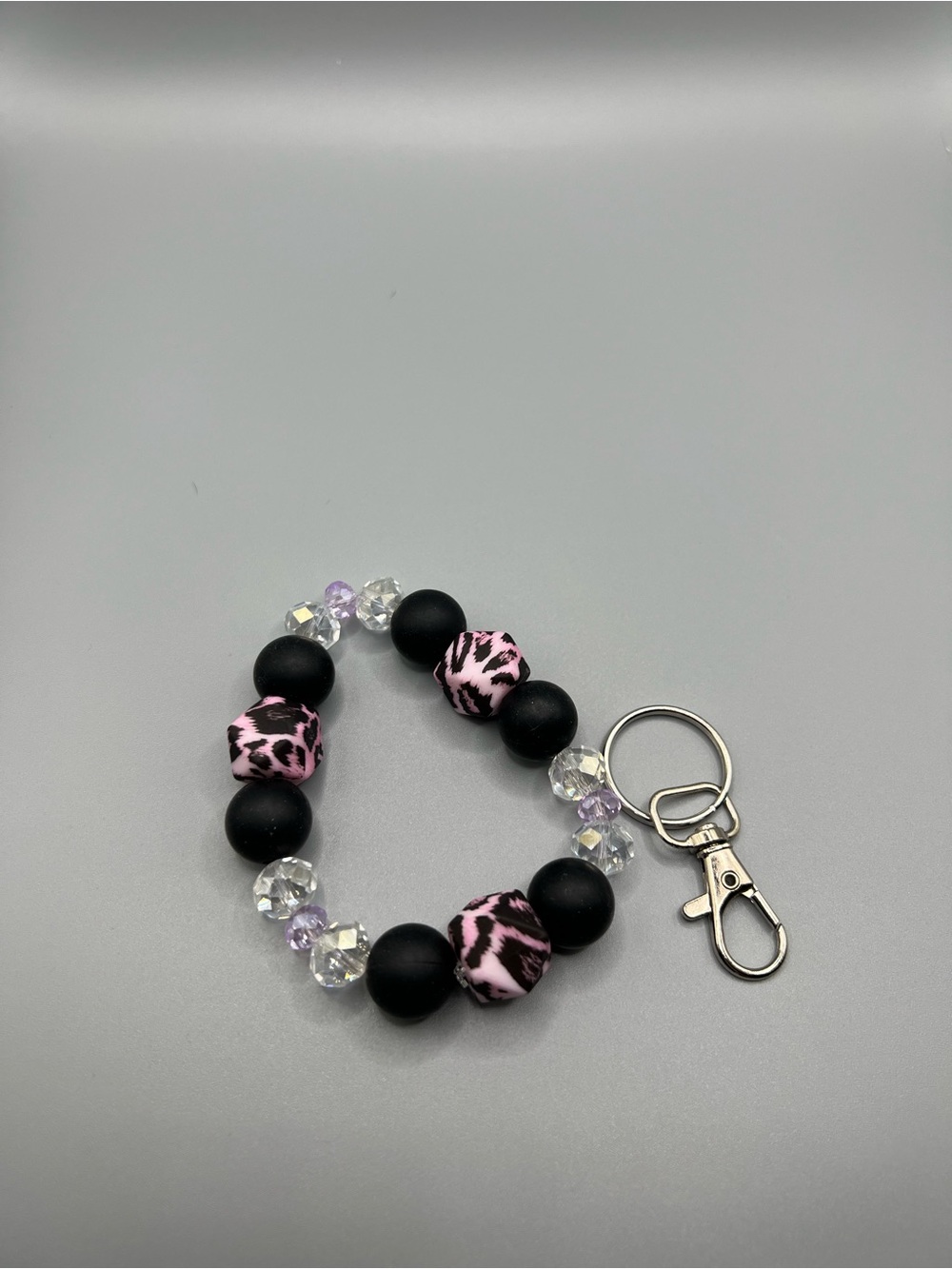 Beaded Pink Leopard & Black Keychain Wristlet - Handmade - K0016C